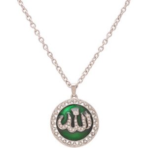 MissMister Silver Plated Green Enamel CZ Allah Word in Urdu Spiritual Muslim Round Chain Pendant Locket Necklace Jewellery for Men and Women